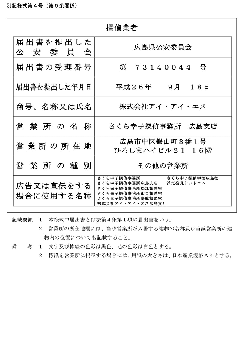 広島支店の探偵業標識のキャプチャ