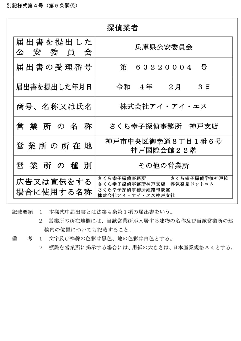 神戸支店の探偵業標識のキャプチャ