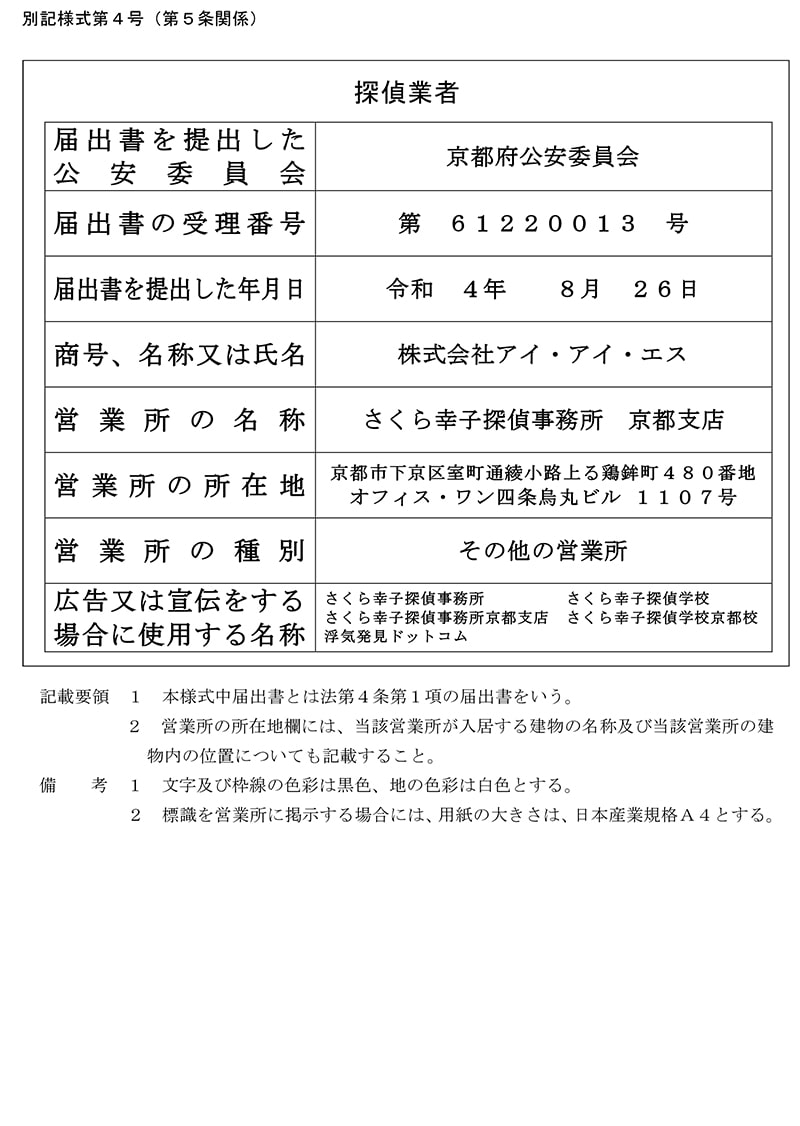 京都支店の探偵業標識のキャプチャ