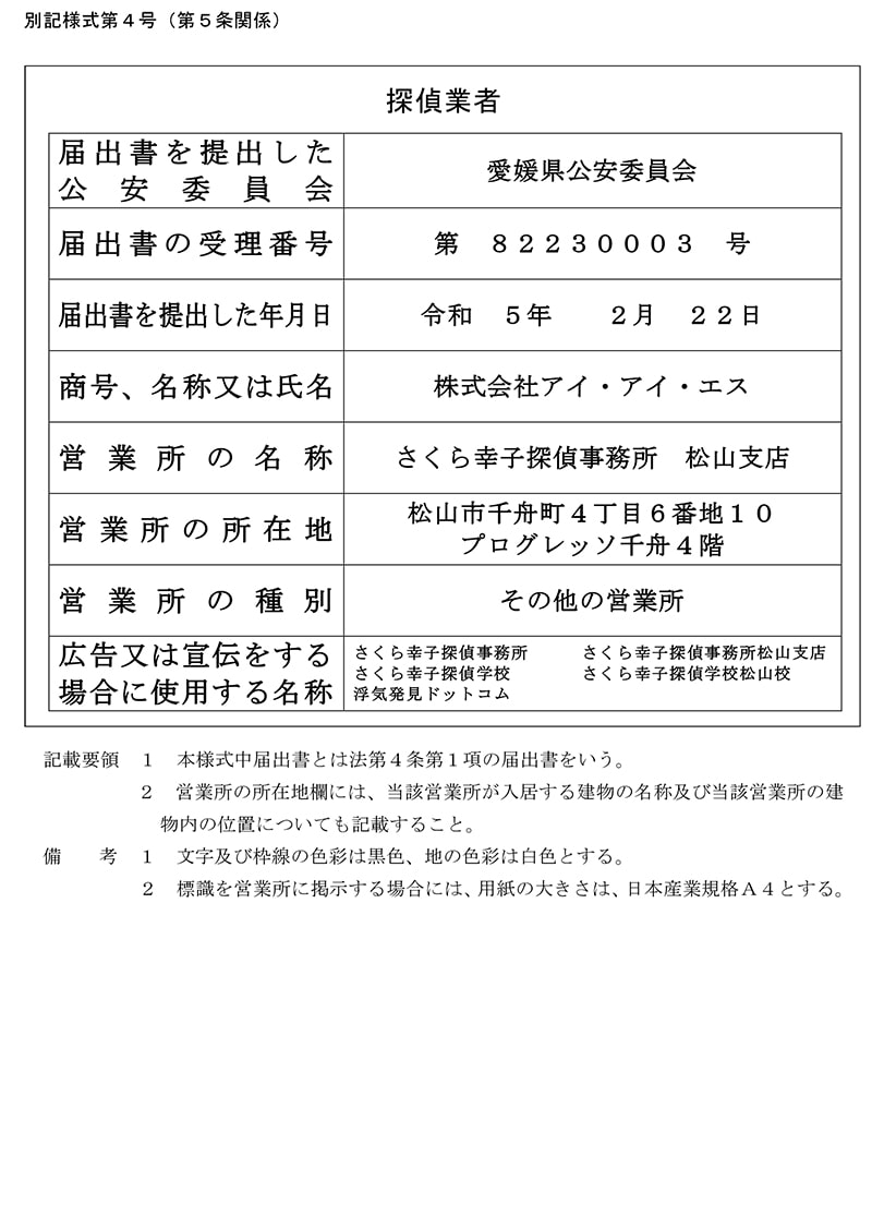 松山支店の探偵業標識のキャプチャ