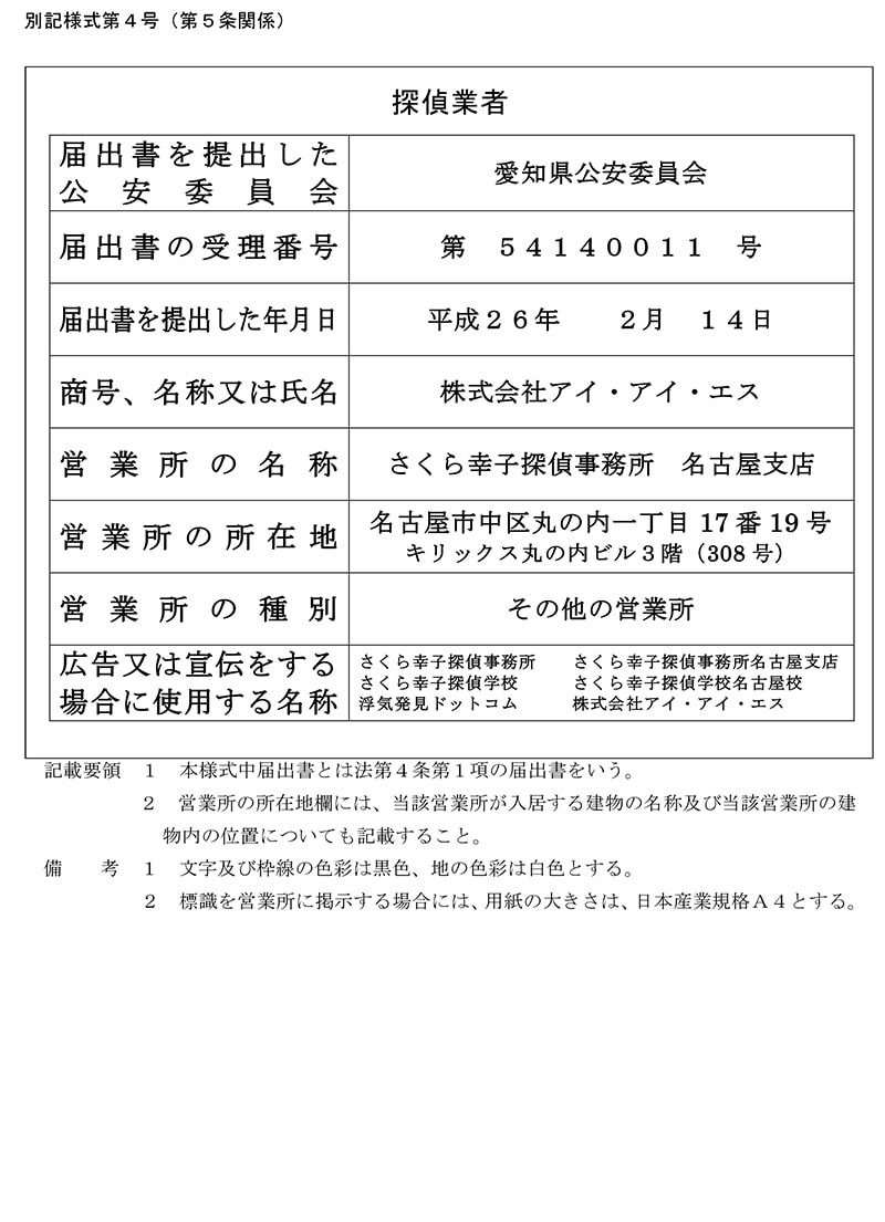 名古屋支店の探偵業標識のキャプチャ