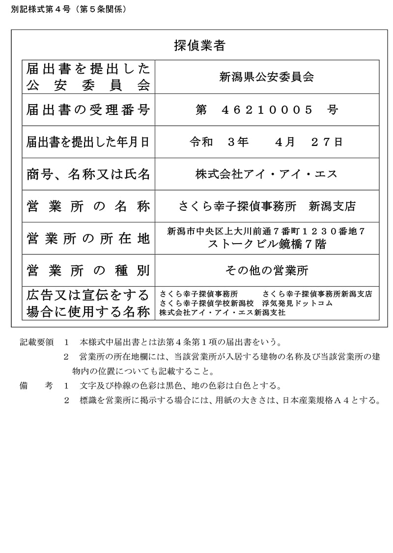 新潟支店の探偵業標識のキャプチャ