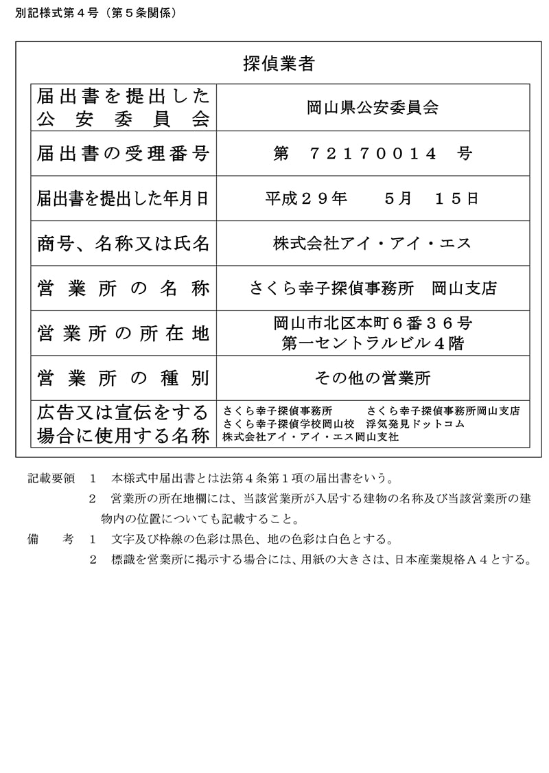 岡山支店の探偵業標識のキャプチャ