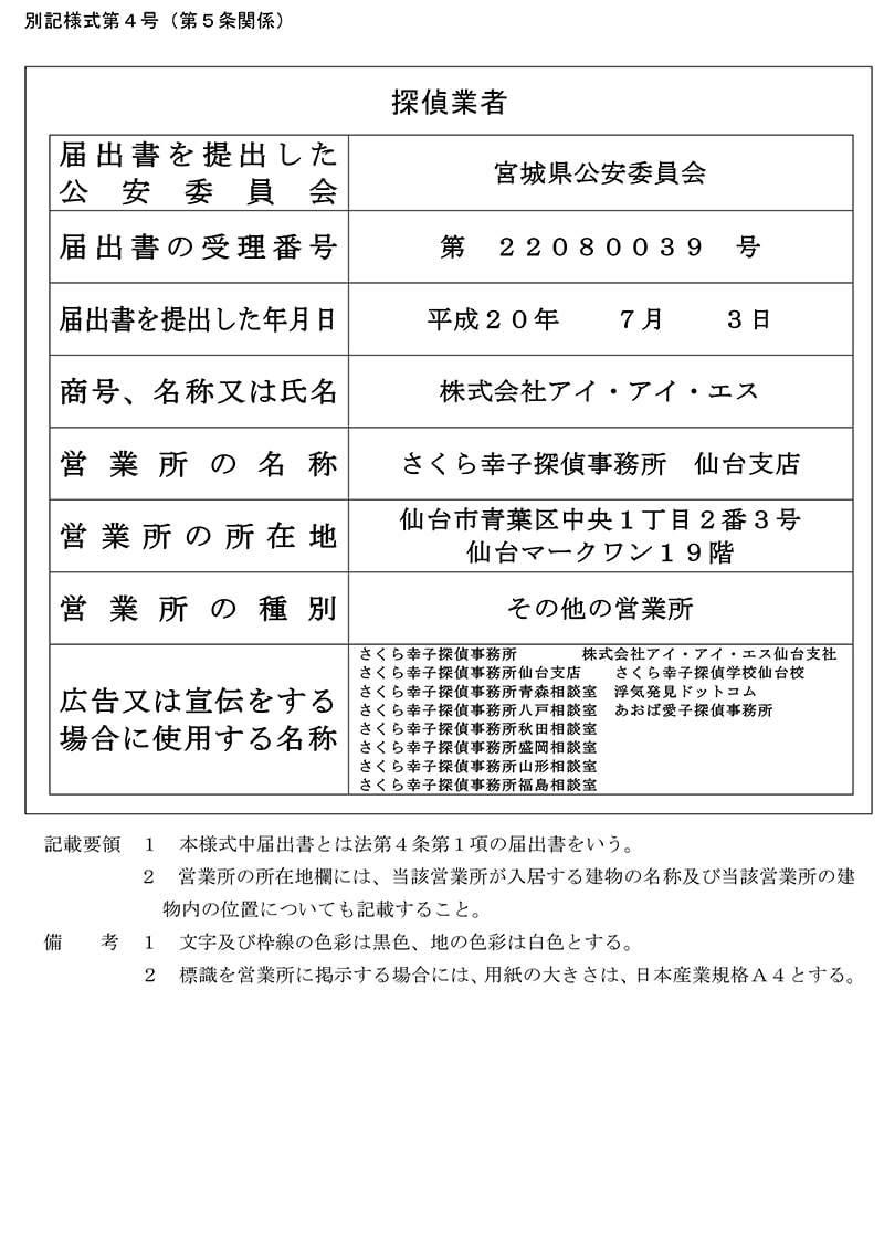 仙台支店の探偵業標識のキャプチャ