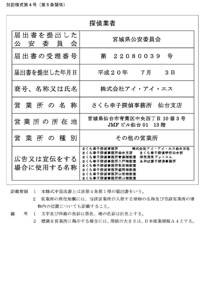 仙台支店の探偵業標識のキャプチャ