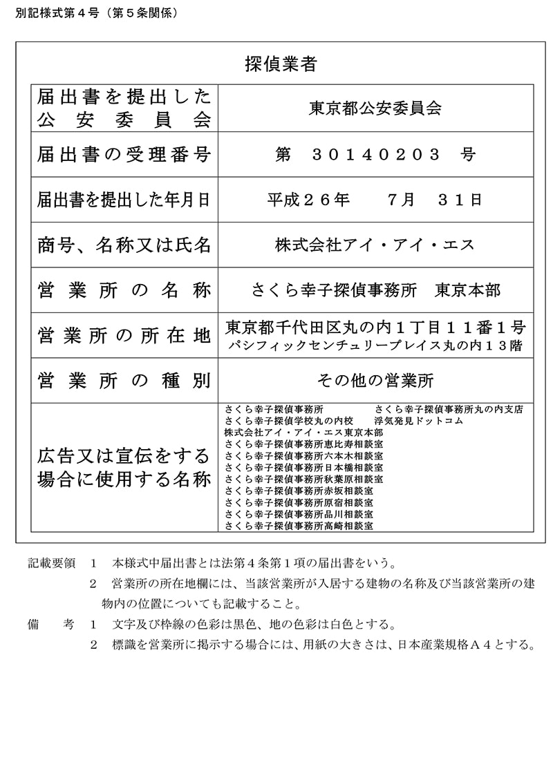 東京本部の探偵業標識のキャプチャ