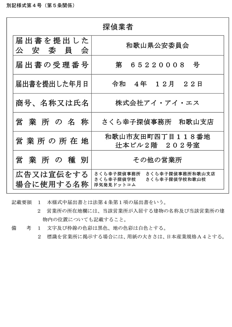 和歌山支店の探偵業標識のキャプチャ