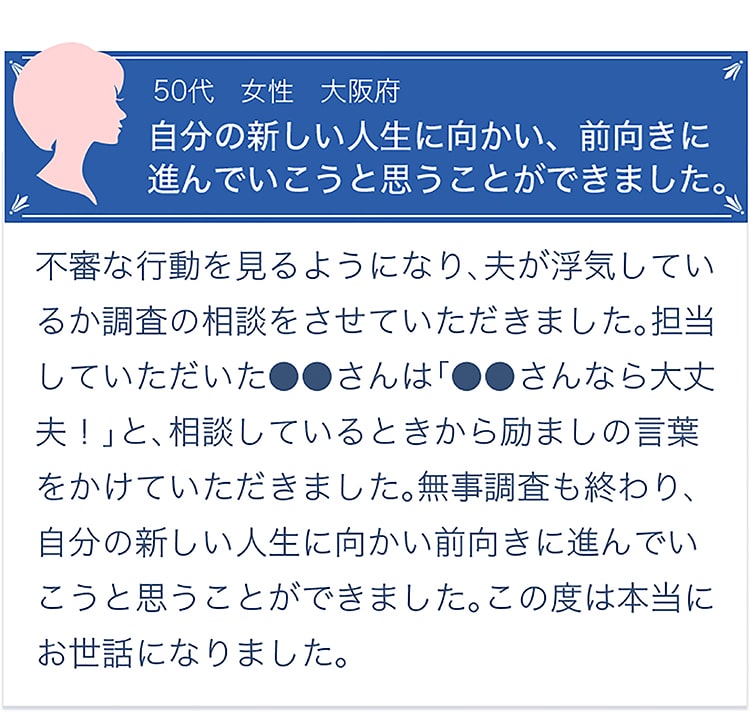 お客様の声【50代・女性・大阪府】「自分の新しい人生に向かい、前向きに進んでいこうと思うことができました。」不審な行動を見るようになり、夫が浮気しているか調査の相談をさせていただきました。担当していただいた●●さんは「●●さんなら大丈夫！」と、相談しているときから励ましの言葉をかけていただきました。無事調査も終わり、自分の新しい人生に向かい前向きに進んでいこうと思うことができました。この度は本当にお世話になりました。