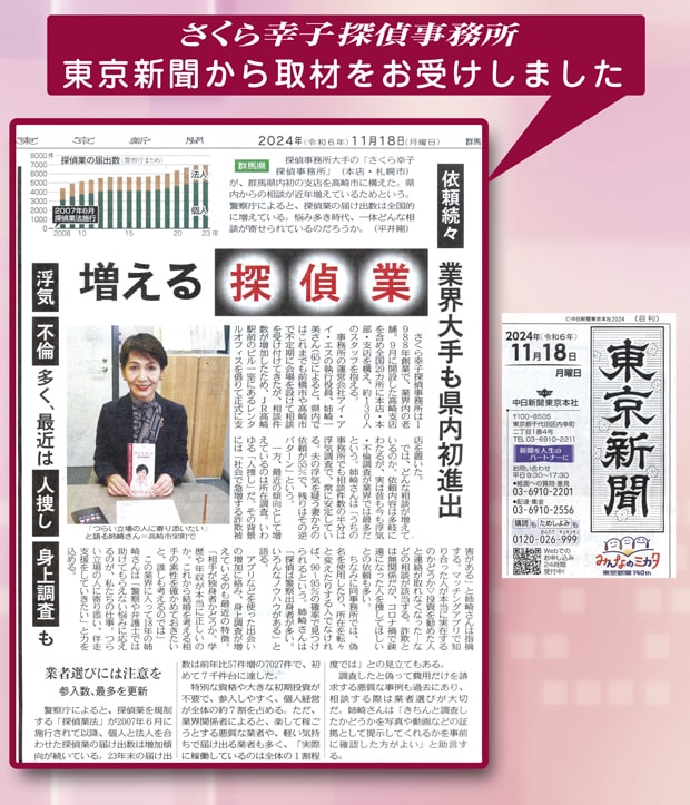 東京新聞に「さくら幸子探偵事務所」の記事が掲載写真
